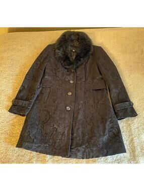 VTG Giacca Gallery Chenille Black Floral Tapestry Coat Jacket Faux Fur Collar L